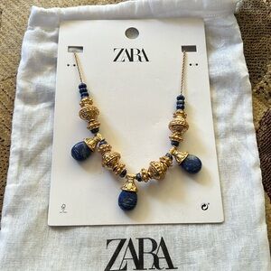 Zara blue stone and gold beaded boho necklace